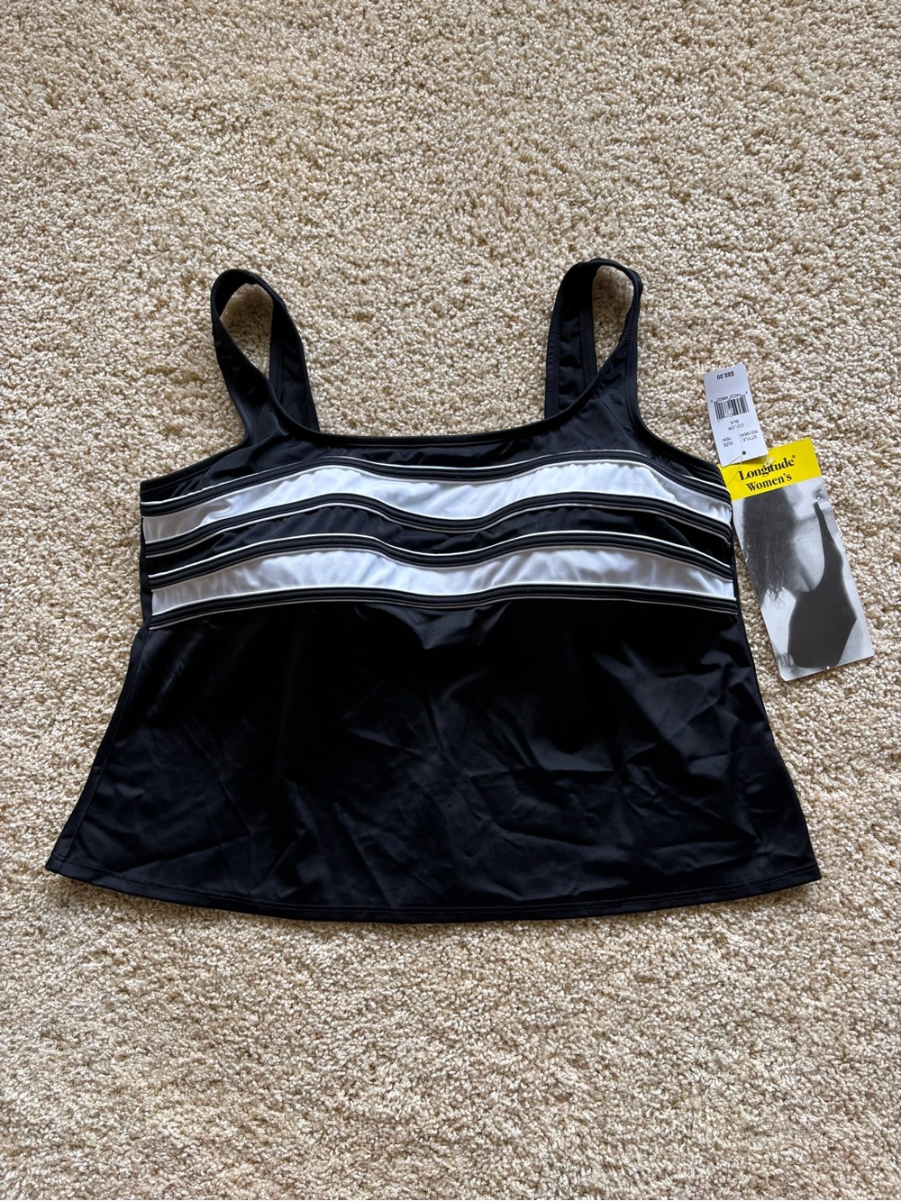 Longitude Women’s Tankini Swim Top Size 16W Black White Stripe